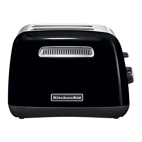 Schwarzer KitchenAid Toaster mit glänzendem Finish und silbernen Akzenten vor weißem Hintergrund.