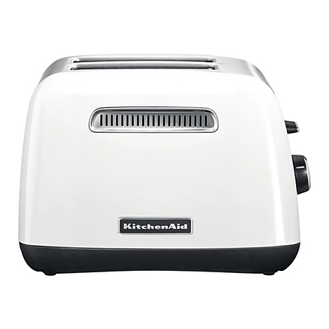 Weißer KitchenAid Toaster mit zwei Schlitzen vor weißem Hintergrund.