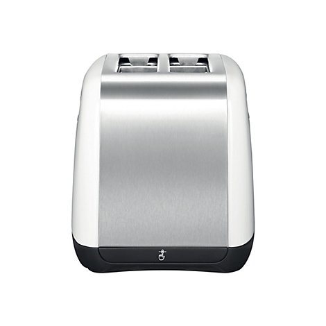 Moderner Doppelschlitz-Toaster in Weiß und Edelstahl vor weißem Hintergrund.