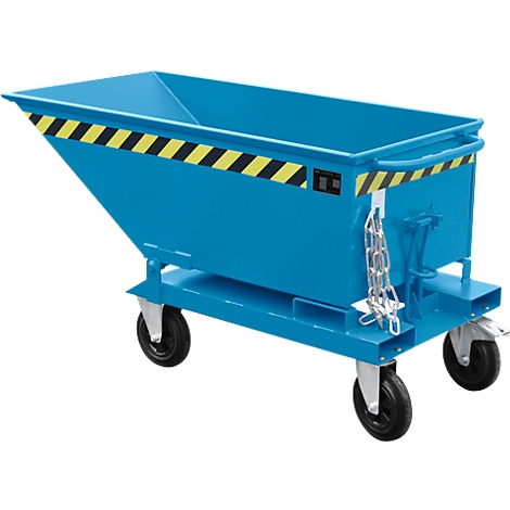 Blue tipping skip with wheels, yellow and black warning stripes, chains and handle.