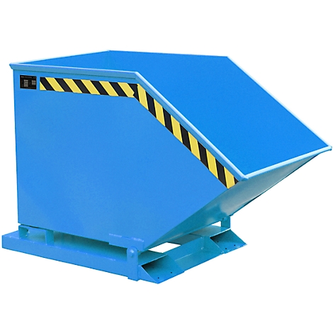 Blue painted tipping skip with black and yellow warning stripes. The container stands on a blue metal frame.