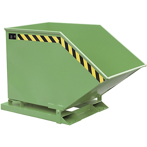 Green tipping container with yellow and black warning stripes. Open side for tipping.