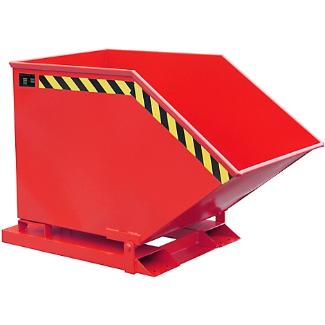 Red tipping skip with yellow and black warning stripes. It stands on a base and is angled for emptying.