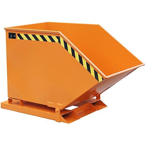 Orange tipping skip with black and yellow warning stripes. The open side faces forward.