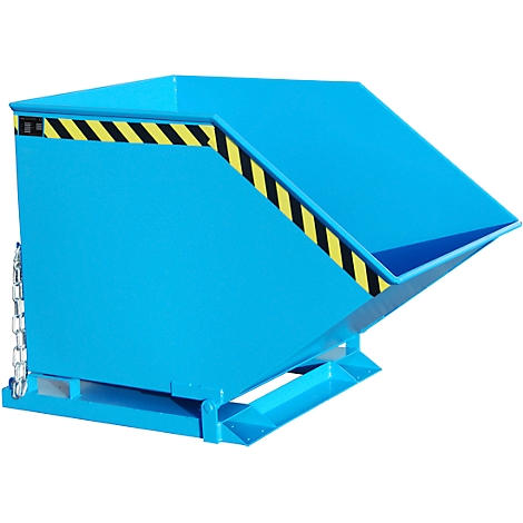 Blue painted tipping skip with yellow and black warning stripes. There is a chain on the side.