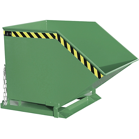 Green skip bin, slanted with yellow and black warning stripes. A chain and a metal frame on the side.