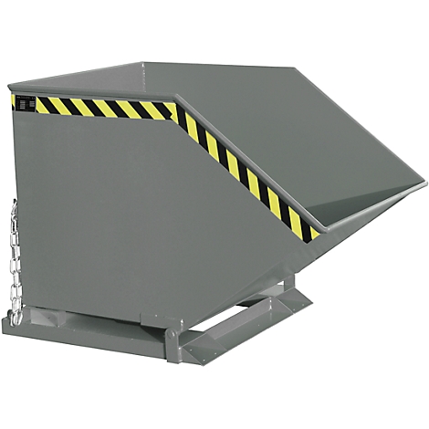 Gray tipping skip with yellow and black warning stripes. The skip is mounted on a frame.
