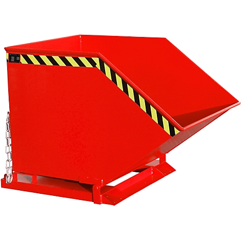 Red tipping container with yellow and black warning stripes, attached to chains.