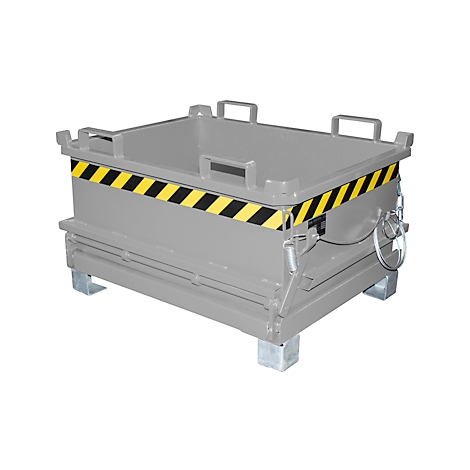 Graue Transportbox, mit gelb-schwarzem Warnband. Die Box steht auf Metallfüßen und hat an den Seiten Griffe.
