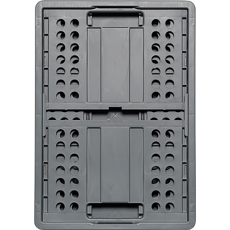 Graue, zusammengeklappte Transportbox mit Griff. Sichtbar sind Löcher, ein Verbindungsmechanismus und Verstärkungen.