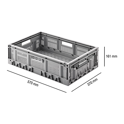 Graue, rechteckige Faltbox mit den Maßen 570 x 370 x 161 mm. Sie ist mit Lüftungsschlitzen versehen und für den Transport vorgesehen.