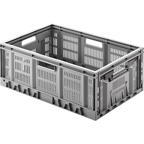 Graue, faltbare Transportbox mit orangefarbenen Griffen.