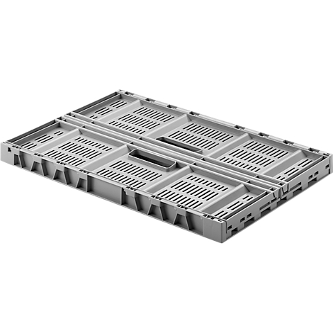 Hellgraue, offene Kunststoffbox mit Löchern in den Seiten und der Mitte, diagonale Ansicht.