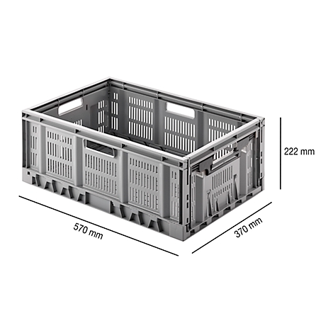 Hellgraue, faltbare Transportbox mit Maßangaben: 570 mm x 370 mm x 222 mm.