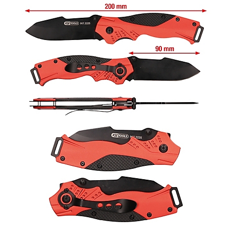 Mehrere Ansichten eines roten und schwarzen Klappmessers mit Messungen. Schwarze Klinge, roter Griff, Markierung: KS TOOLS 907.2225.