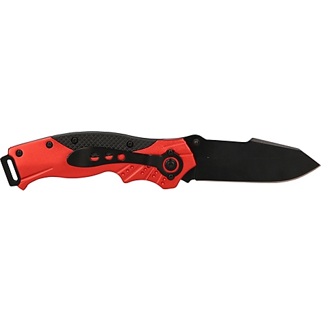 Ein rotes und schwarzes Klappmesser liegt quer auf einer weißen Oberfläche. Das Messer ist aufgeklappt.