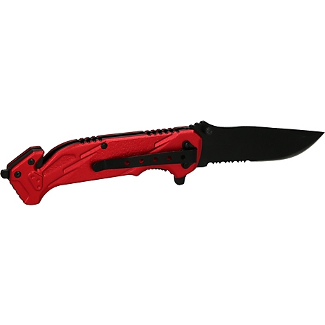 Ein rotes Klappmesser mit schwarzer Klinge und Griff. Das Messer ist halb geöffnet und die Klinge hat einen gezahnten Abschnitt.