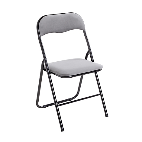 Grauer Klappstuhl mit schwarzem Rahmen. Sitzfläche und Rückenlehne gepolstert.