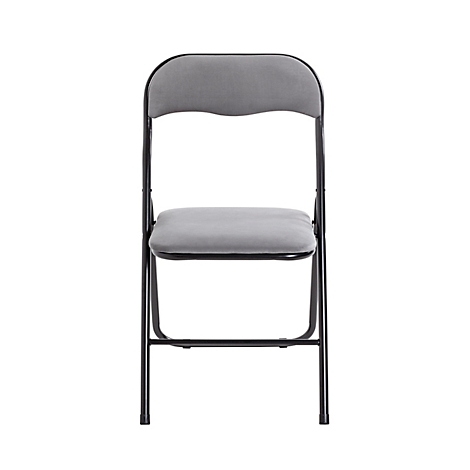Ein grauer Klappstuhl mit gepolsterter Sitzfläche und Rückenlehne, schwarzes Metallgestell.