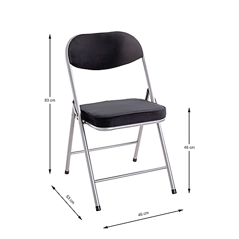 Klappstuhl mit gepolsterter Sitzfläche und Rückenlehne. Maße sind am Stuhl angezeigt.