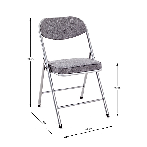 Grauer Klappstuhl. Maße: 79 cm hoch, 53 cm breit, 47 cm tief. Sitzhöhe 46 cm.