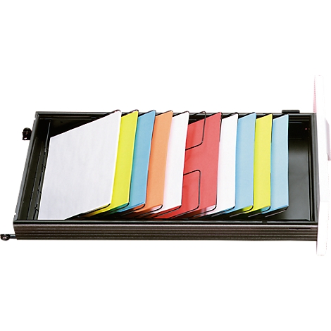 Zwarte lade met gekleurde hangmappen. De documenten zijn gesorteerd en gelabeld.