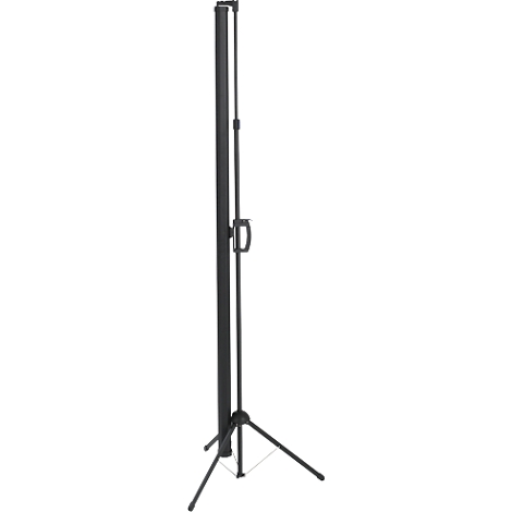 Zwart projectorstatief met driepoot. Het statief is uitschuifbaar en heeft een handgreep.