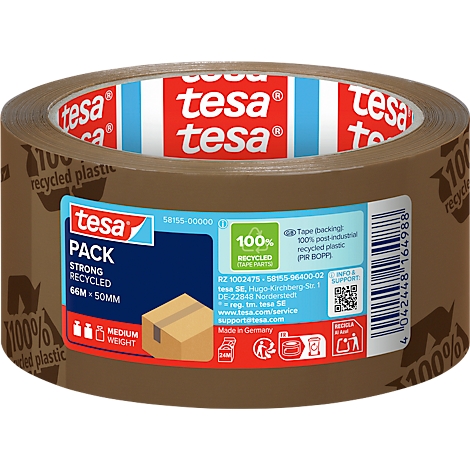 Braunes Klebeband von Tesa, mit Aufdrucken und Labeln. Es steht auf einer weißen Oberfläche.