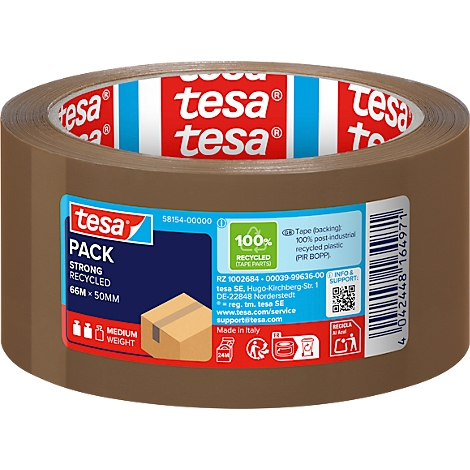 Braunes Klebeband der Marke Tesa mit blauer und roter Beschriftung. Aufschrift: Pack, Strong, Recycled. Angaben zur Größe und dem Gewicht.