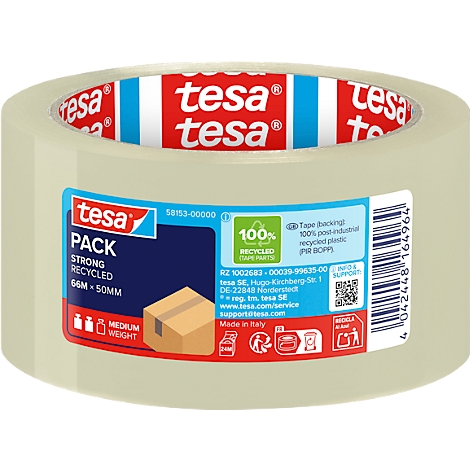 Tesafilm-Rolle mit roter und blauer Verpackung, Text: Pack, strong recycled, 66m x 50mm, 100% recyceltes Material.