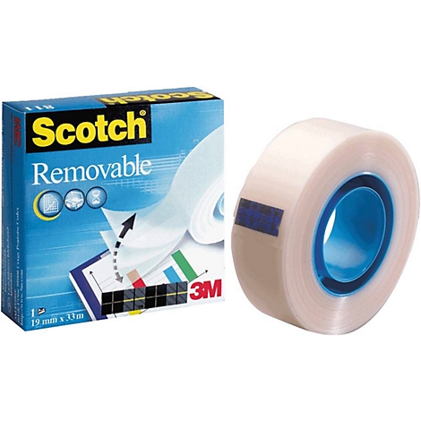 Durchsichtiges Klebeband und Schachtel von Scotch. Auf der Schachtel steht Scotch, Removable.