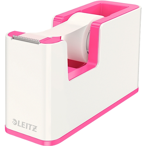 Weißer und pinkfarbener Klebebandabroller mit Klebeband. Das Leitz Logo ist sichtbar.