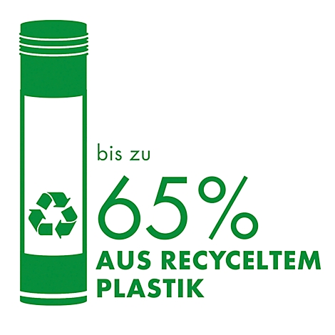 Grüner Aufkleber, recyceltes Plastik. Text: Bis zu 65 % aus recyceltem Plastik.