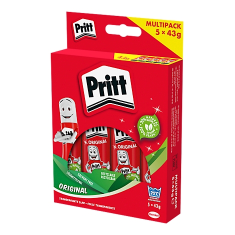 Ein roter Pritt Klebestift Multipack mit fünf Klebestiften. Aufdrucke: Pritt, Original, 100% natur. Rohstoffe, lösemittelfrei, recyclebar.