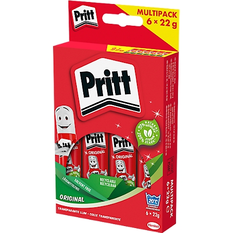 Rote Pritt Klebestift-Packung mit sechs Stiften. Aufdruck: Original, recycelbar, transparent, 6x22g. Logo: ein lächelnder Klebestift.