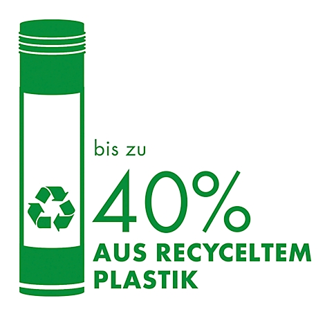 Grüner Aufkleber mit Recycling Symbol, bis zu 40% aus recyceltem Plastik.