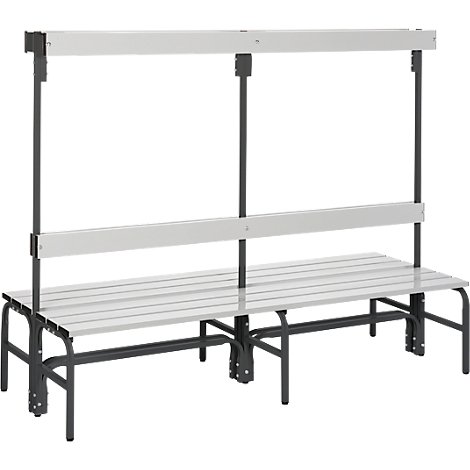 Grijze bank met grijze stutten, met rugleuning en bovenframe.