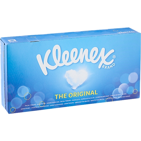 Blauwe Kleenex-doos. Logo en tekst. Gedrukt: The Original. Witte hartvorm.