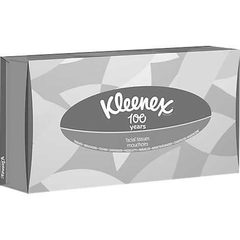 Grijze Kleenex-doos met het logo en de tekst 100 jaar. Daaronder staat "facial tissues / mouchoirs".