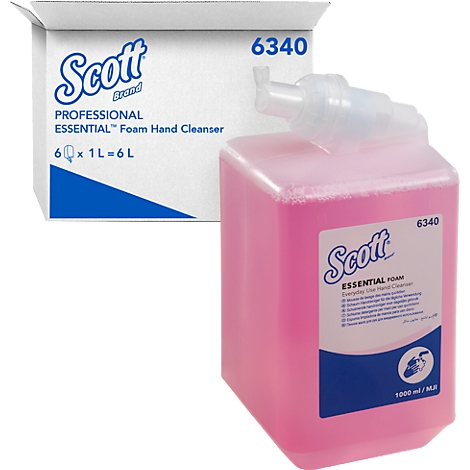 A pink liquid soap stands next to a white box, both labeled "Scott".