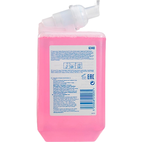A bottle of pink soap with dispenser. Text and barcodes are printed on the back. The dispenser is white on top.