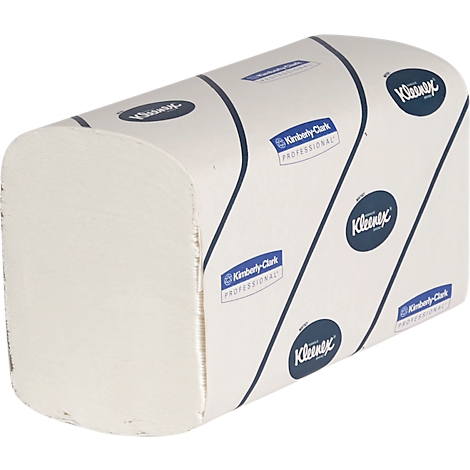 Packung Papiertücher mit Aufdrucken. Die Packung ist weiß und mit blauen Linien und Logos versehen.