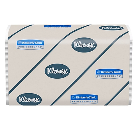Kleenex-Taschentücherpackung mit diagonalen blauen Linien und Logos.