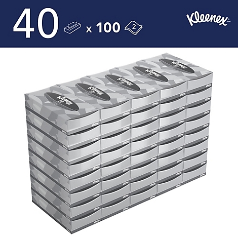 Ein Stapel von Kleenex-Taschentuchboxen. Oben links steht "40 x 100", daneben das Logo von Kleenex.