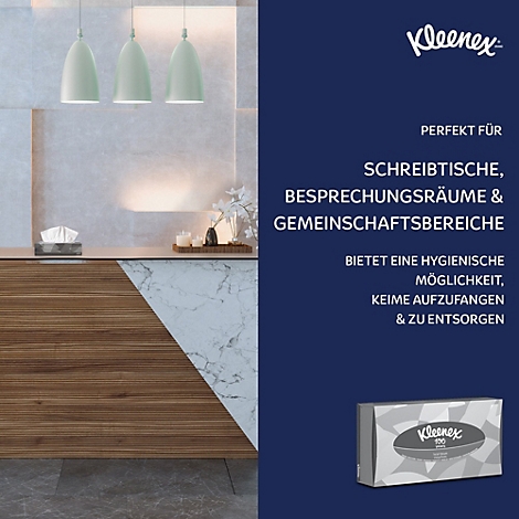 Auf einem Schreibtisch, vor einem blauen Hintergrund, liegt eine Kleenex-Box. Text wirbt für Büros und Gemeinsschaftsbereiche.