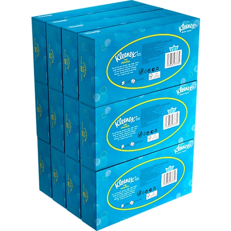 Gestapelte blaue Kleenex-Boxen. Auf den Boxen befinden sich gelbe ovale Rahmen mit dem Kleenex-Logo.