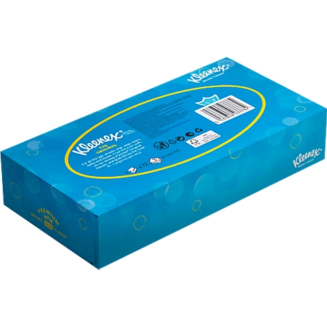 Blau-türkise Kleenex-Box mit gelben Schriftzügen, das Logo Kleenex ist prominent.
