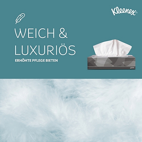 Mouchoirs dans une boîte, lettrage : Doux et luxueux, offrent des soins améliorés, avec des plumes blanches en dessous.