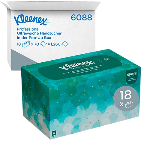 Twee dozen Kleenex tissues; één in wit met opdruk, de andere in turquoise. Beide tonen productinformatie.