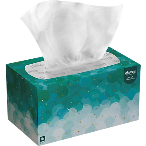 Eine Schachtel Kleenex-Taschentücher, aus der Taschentücher herausragen, vor blau-grünem Hintergrund mit Punkten.